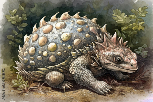 A baby Ankylosaurus curled up in a ball its hardened shell protecting it from danger.. AI generation. Generative AI