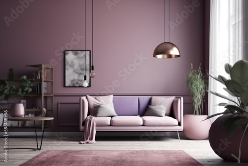 Purple Living Room Interior - Cozy and Sophisticated Space Created with Generative AI