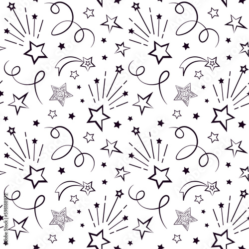 Celebration party seamless vector background, fireworks, stars and decorative ribbons, linear drawing monochrome wallpaper.