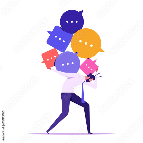 Communication problem or overload, too many messages, businessmen withstand pressure on speech bubble
