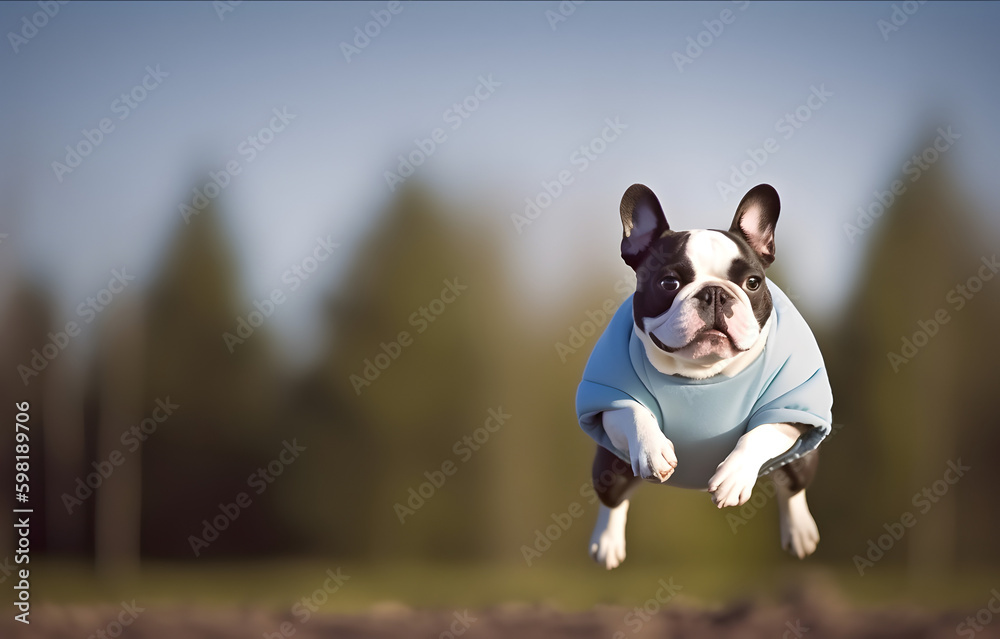 Running and jumping bulldog with blue color cloth.