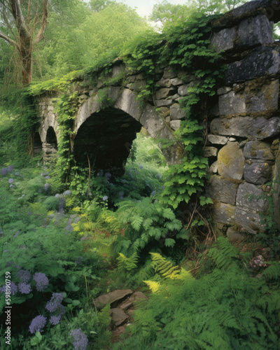 A destroyed bridge of weathered stone crisscrossed by ivy and punctuated with bright bluebells. Abandoned landscape. AI generation. Generative AI