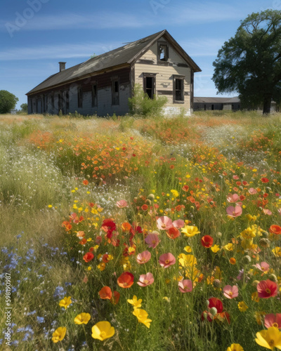 An old barracks now filled with a rainbow of wildflowers Abandoned landscape. AI generation. Generative AI