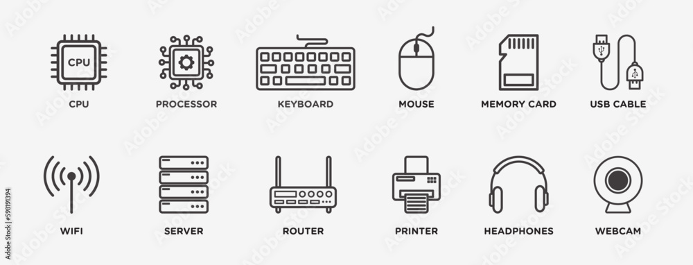 Computer components icon set. CPU, processor, keyboard, mouse, memory card, USB cable, wifi, server, router, printer, headphones, and webcam outlined vector icon collection - obrazy, fototapety, plakaty 