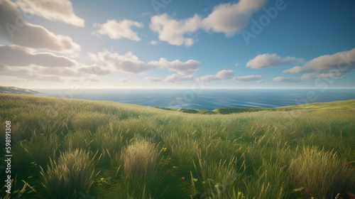 green grass field with lake and cloudy sky. Generative Ai