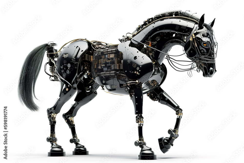 Image of a horse modified into a electronics robot on a white background. Wildlife Animal. illustration, generative AI. Image of a horse modified into a electronics robot on a white background. Wildlife Animal. illustration, generative AI.