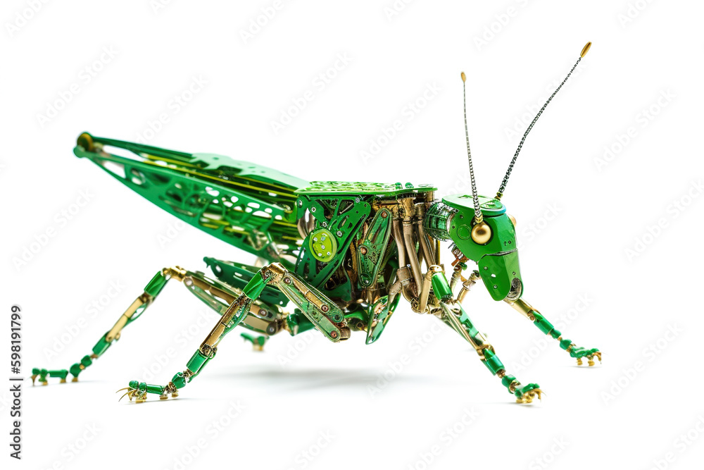 Fototapeta premium Image of a grasshopper modified into a robot on a white background. Insect. Animals. Illustration, Generative AI.