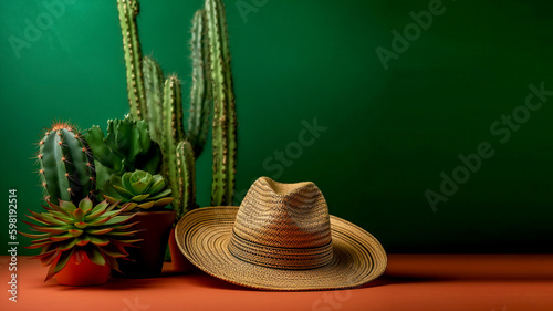 cactus and mexican hat background with text space, generative ai