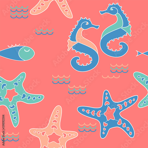Seahorses, starfish, fish. Beach seamless pattern. Cute childish background. Vector.