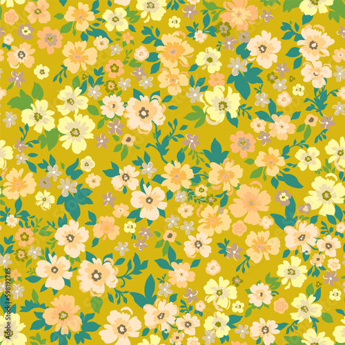 Seamless vintage pattern. Dark yellow background. Large yellow and orange flowers. Vector texture. Fashionable print for textiles and wallpaper.