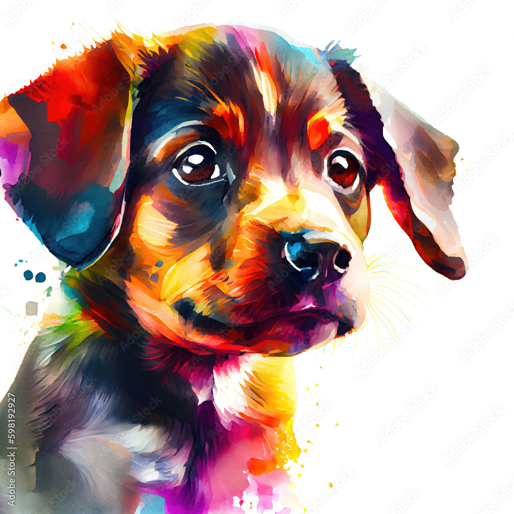 Watercolor portrait cute puppy dachshund, animal illustration, colorful oil painting isolated on white background, generative ai