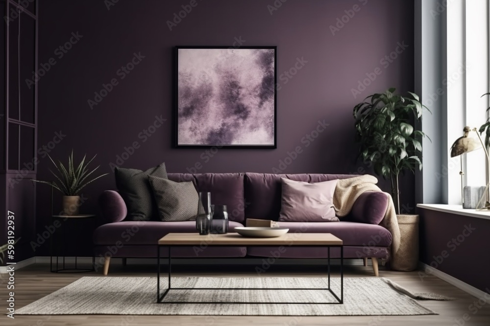 Purple Living Room Interior - Cozy and Sophisticated Space Created with Generative AI Purple Living Room Interior - Cozy and Sophisticated Space Created with Generative AI