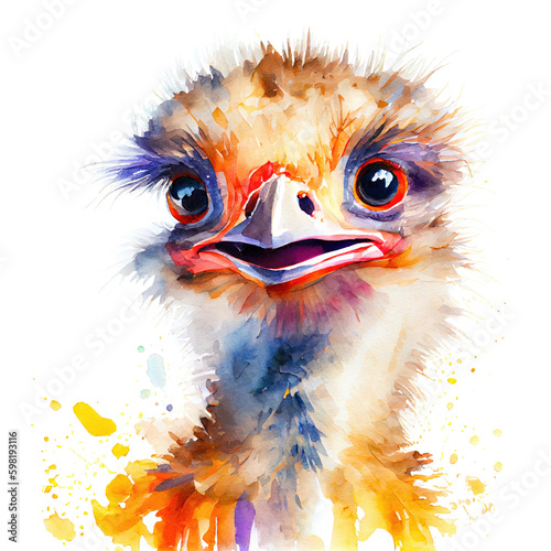 Watercolor portrait cute baby ostrich, bird illustration, colorful oil painting isolated on white background, generative ai photo