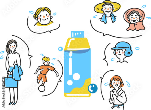 汗をかく季節は水分補給を忘れずに　セット　イラスト素材
