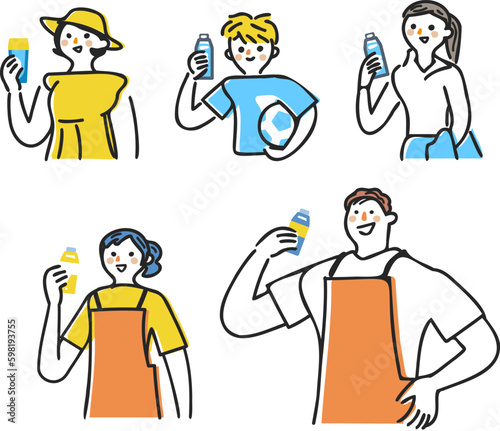 水分補給のため手にペットボトルを持つ人々　セット　イラスト素材
