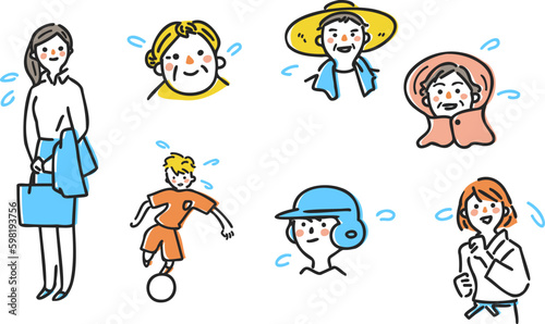 汗をかく様々な人々　セット　イラスト素材
