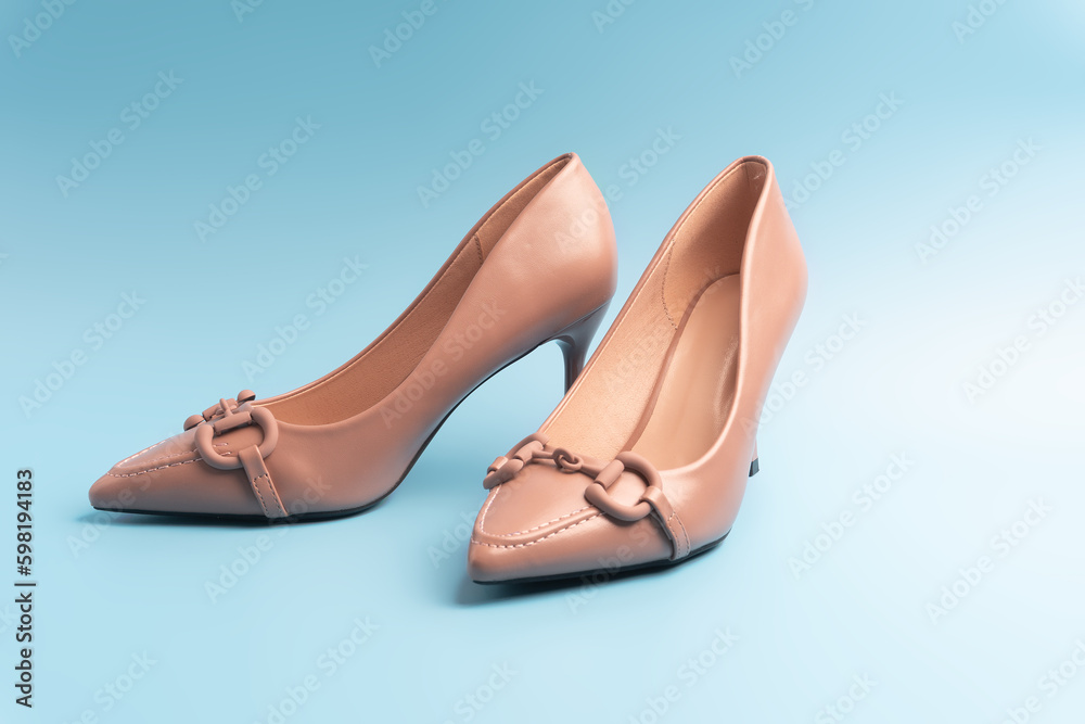 Elegant beige women's shoes on a light blue background