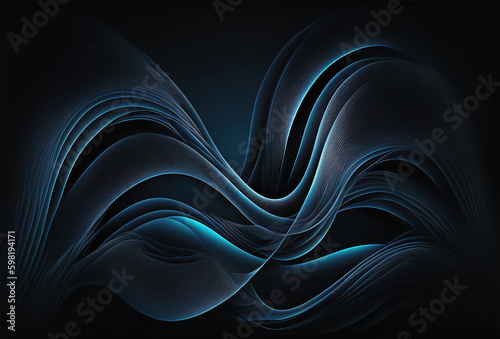 Graphic waves. Twisted banner. Digital background. Creative illustration of dark blue green curly motion lines composition pattern on black.