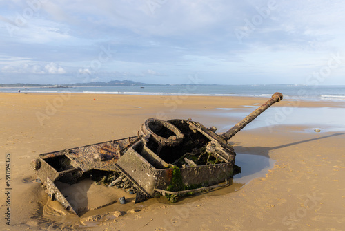 Abandoned army tank M18 Hellcat on Oucuo Beach in Kinmen Island
