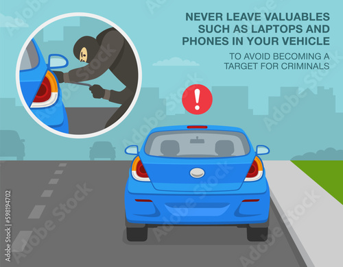 Car theft safety tips. Never leave valuables in your vehicle to avoid becoming a target for criminals. Close-up of thief with a robbery mask trying to open the car door. Flat vector illustration.