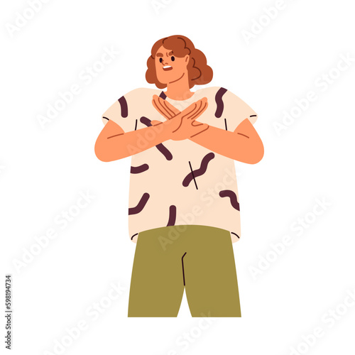 Showing stop gesture, crossing hands, arms. Afraid angry person refusing, rejecting, saying no. Rejection, refusal, disapproval sign. Flat graphic vector illustration isolated on white background