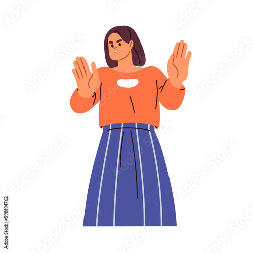 Woman gesturing stop with hand palms. Girl warning, showing negative attitude, saying no. Rejection, objection, refusal, ban expression. Flat vector illustration isolated on white background