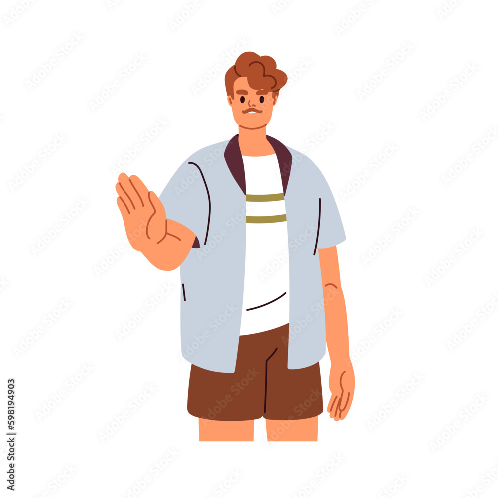 Deaf rejection. Man gesturing stop with hand, saying no. Person denying, rejecting, refusing. Guy showing refusal sign with arm, palm. Flat graphic vector illustration isolated on white background