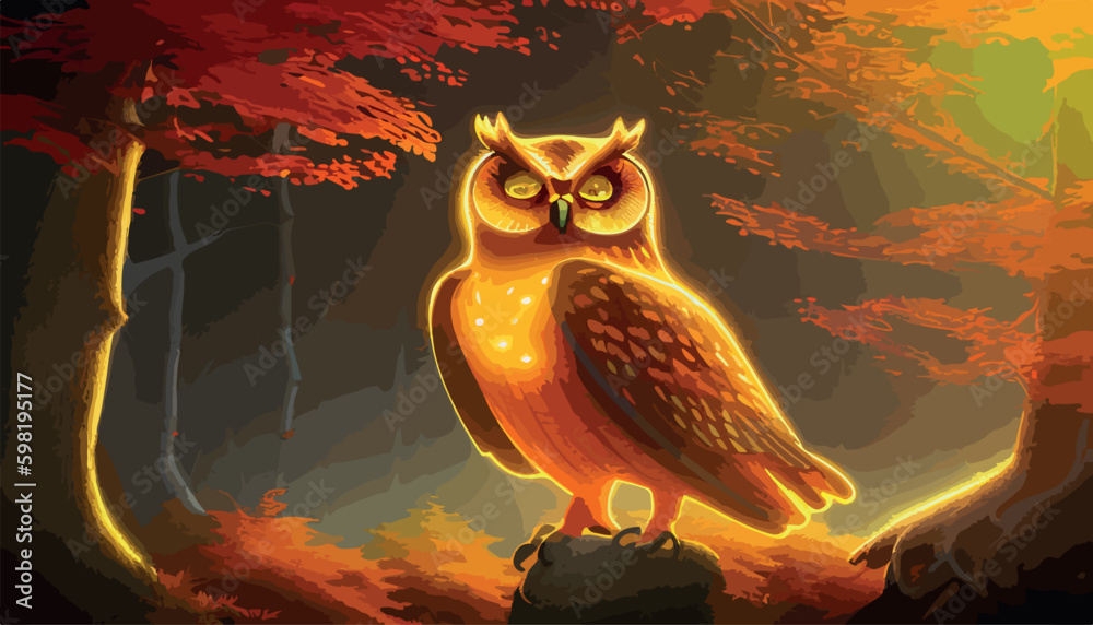 Owl. Realistic bird on dark moon forest background. Dark night ...