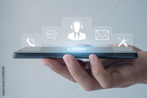 Technical Support Center Customer Service Internet Business Technology Concept. Service support customer help call center Business technology button on virtual screen. Person hand using a smartphone.