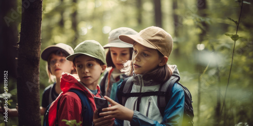 Generative AI illustration of kids with backpacks in caps exploring forest having adventure in nature walking through green trees with smartphone