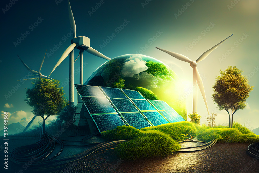 Solar panel and Wind Turbine concept. Solar energy from solar panels ...