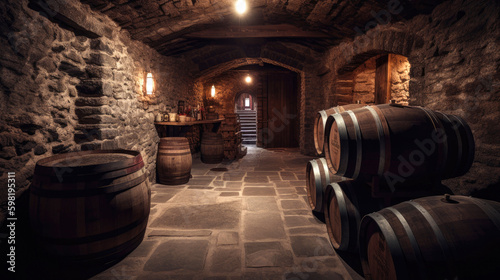 Dark stone cellar and wooden barrels of wine. Generative AI © piai