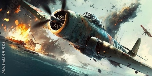 Print op canvas World war II fighter plane battle in dogfight in the sky