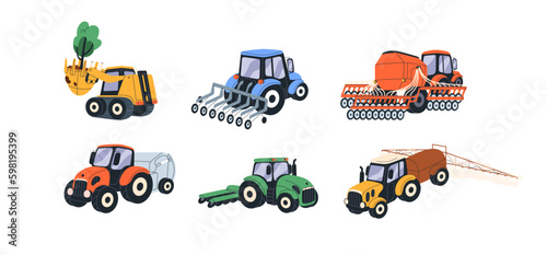 Agriculture machines, farm tractors, farmland machinery set. Agricultural farming transport of different types for crop cultivation. Flat graphic vector illustrations isolated on white background