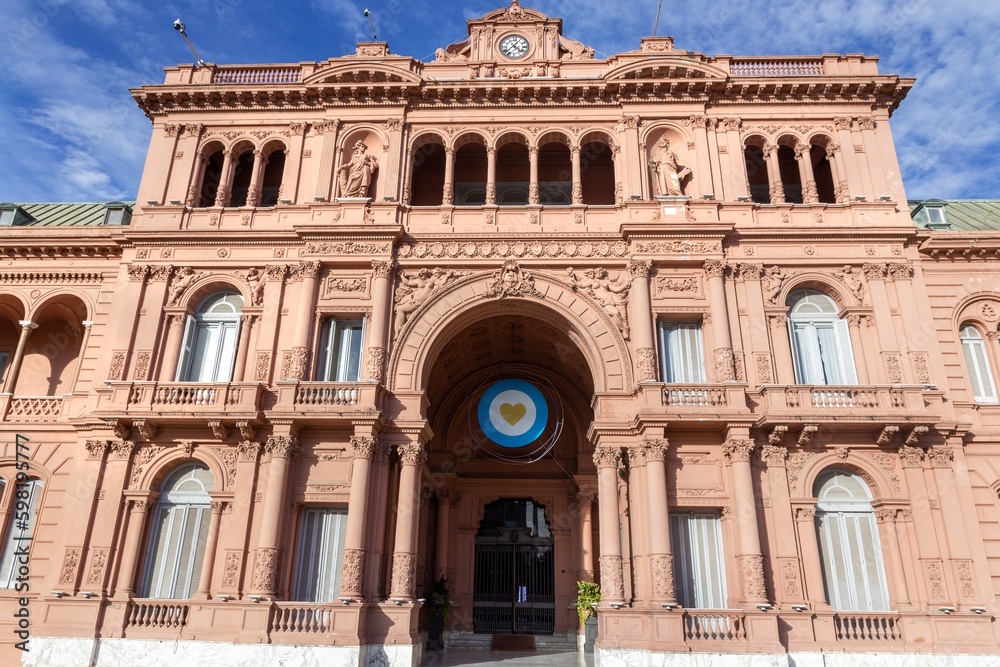 Facade of Casa Rosada, Palatial Mansion and Office of the President of Argentina at Historic Plaza De Mayo in Buenos Aires