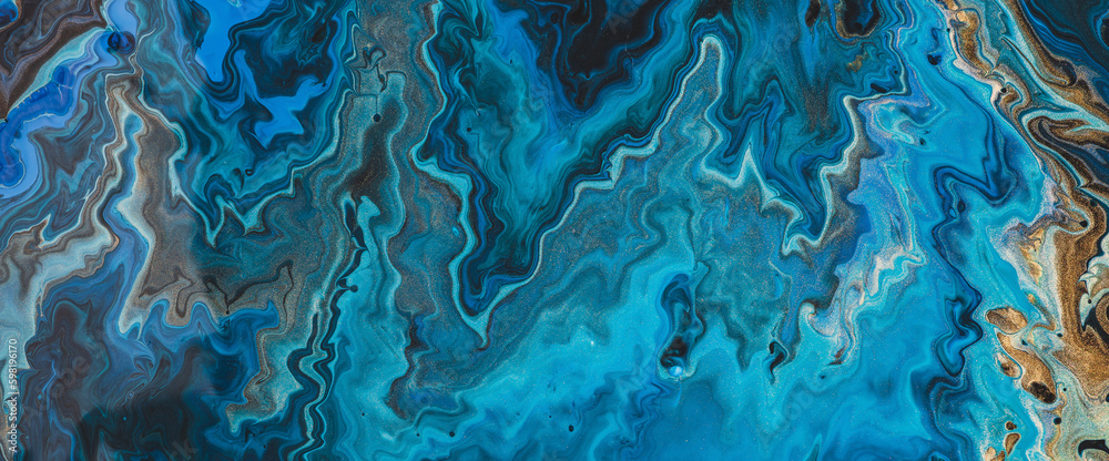 Naklejka premium Fluid art background in blue tints with gilding. Flowing wave effect of liquid ink. Aquamarine azure turquoise cyan mix with gold dust. Abstract texture of acrylic paints on canvas. Surreal wallpaper.
