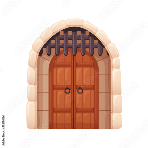 Old medieval wooden double door with metal portcullis bars. Vintage castle, f...