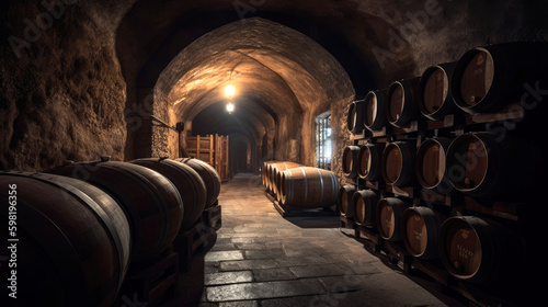 Dark stone cellar and wooden barrels of wine. Generative AI