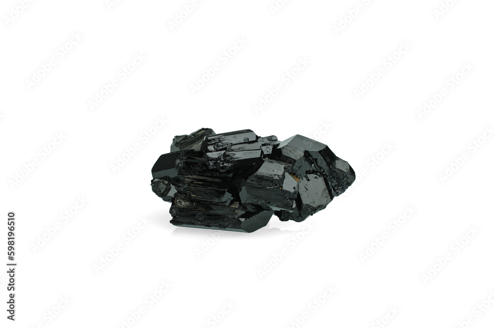 Schorl (black tourmaline) isolated on white blackground. macro detail background. close-up Rough raw unpolished semi-precious gemstone.