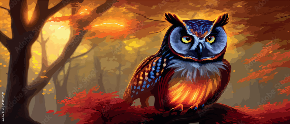 Owl. Realistic bird on dark moon forest background. Dark night ...