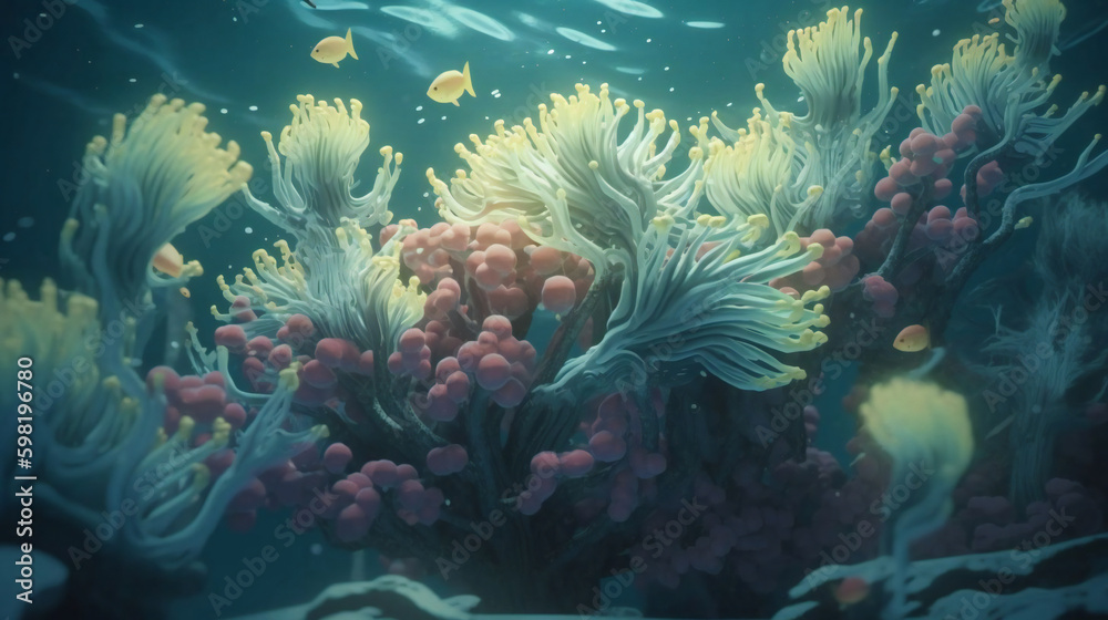 Obraz premium Colorful Blooms Beneath the Waves: Discovering Underwater Flowers. Generative AI