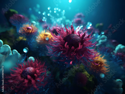 Colorful Blooms Beneath the Waves: Discovering Underwater Flowers. Generative AI © Alxmorrison