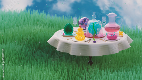 Festive family dinner table concept. Garden party in open. Lunch in open air. Many dishes and fantastic and fururistic food on served table. Background with copyspace. 3d render, 3d illustration.