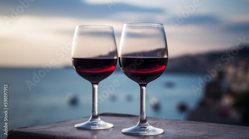 2 Glässer Rotwein bei mediteranem Ambiente. Querformat. Generative Ai.