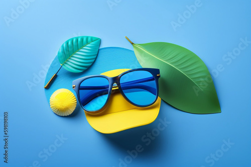 Blue and yellow sunglasses with a yellow cap and a green leaf on a blue background. Generative Ai