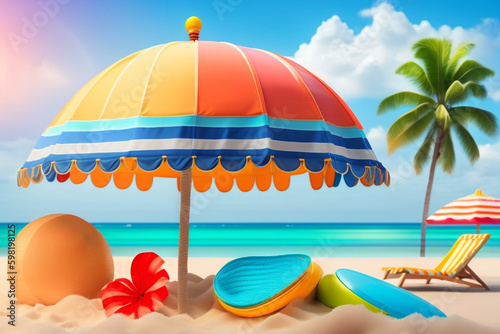 A beach scene with a beach umbrella and a palm tree. Generative Ai