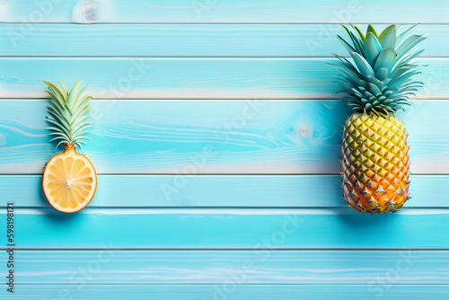 Two pineapples on a blue wooden background. Generative Ai