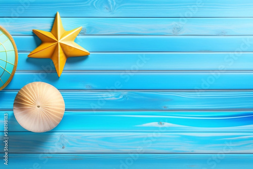 A blue wooden background with a starfish and a star. Generative Ai