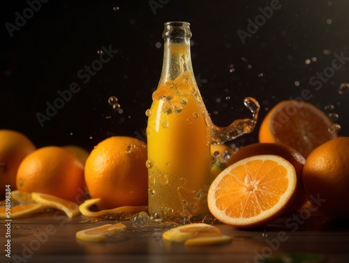 organic orange lemon sparkling juice poured out in glass   simple elegant fancy blue background  crafted tropical drink  generative ai