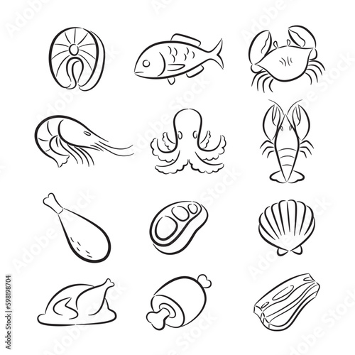 Fresh meat and seafood drawing set, black lines on a white background